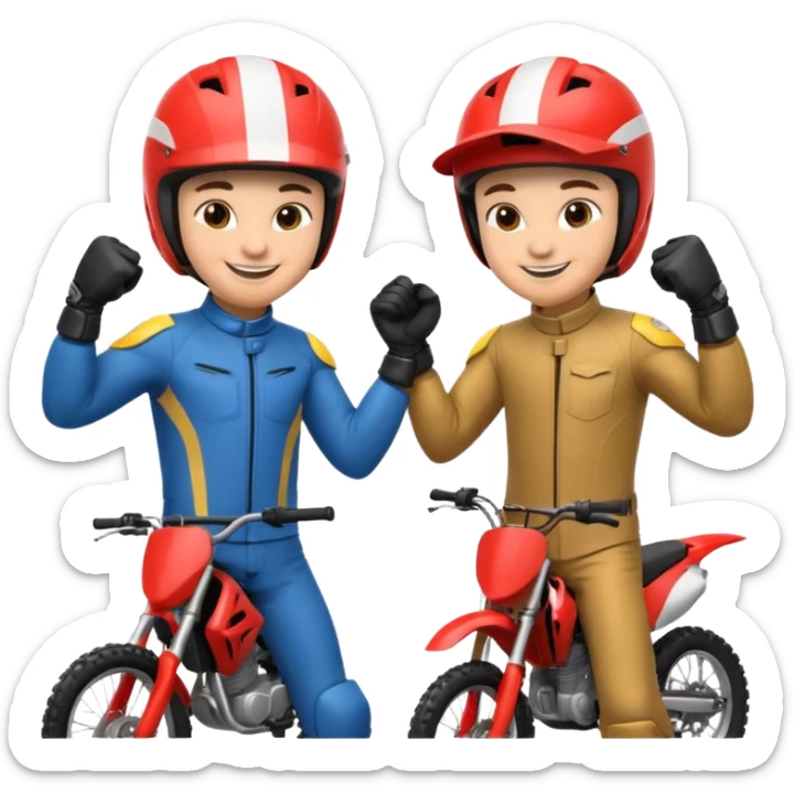 2 dirtbike racers in gear and gloves fist bumping sticker