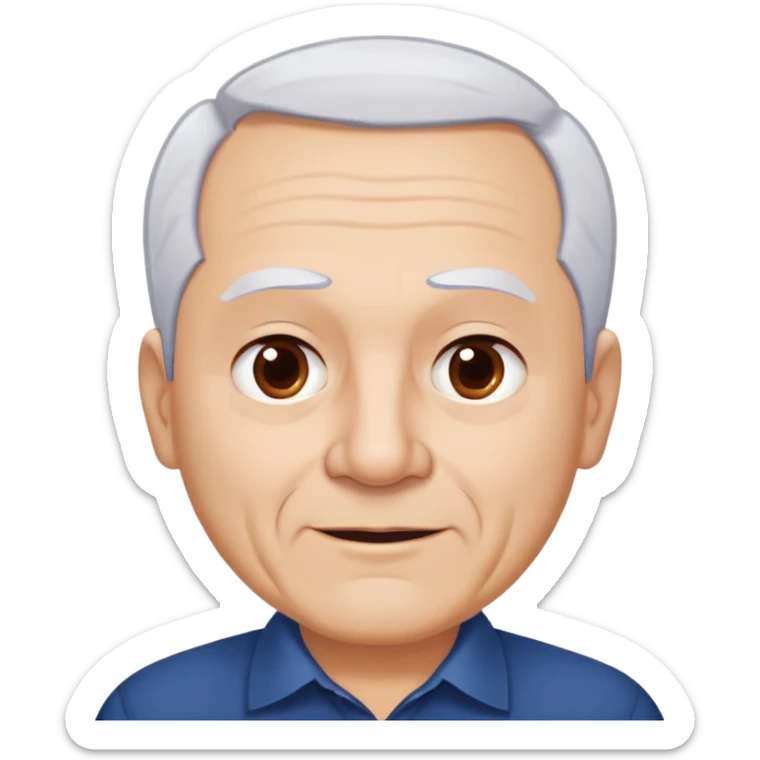 Charismatic older Hispanic man with light skin, round face, wide jaw. Lively dark brown eyes that look humorous. Thick straight eyebrows. Short white hair with receding hairline. Clean-shaven. Wearing a dark blue shirt. sticker
