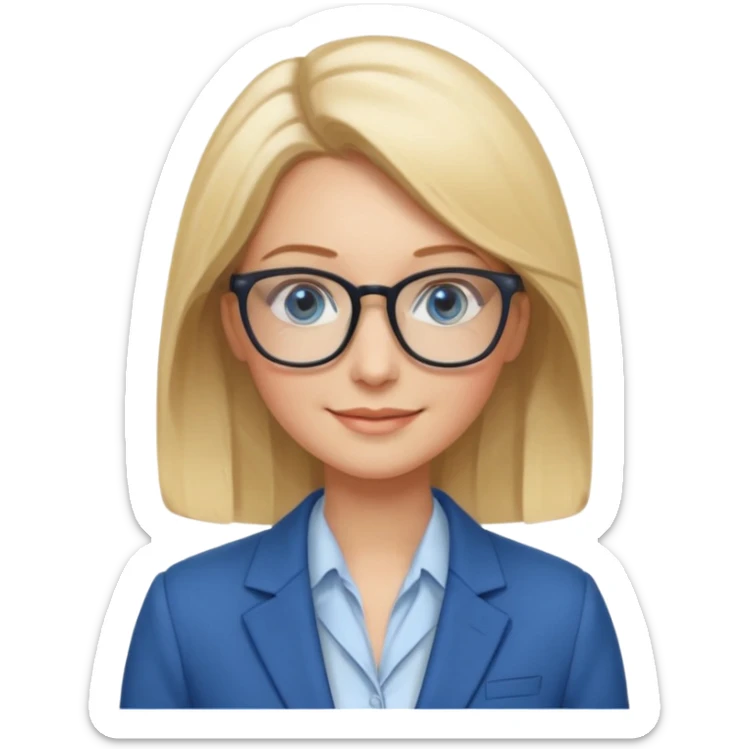 a woman, blonde highlights in hair, glasses and blue eyes. teacher sticker