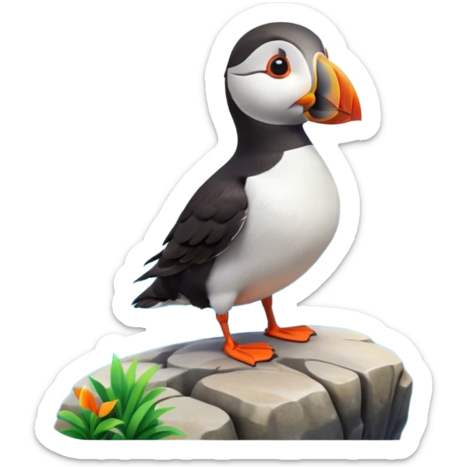 A 3D cartoon puffin bird standing on a rock near the sea, soft daylight, bright colors, realistic Memoji-style. sticker