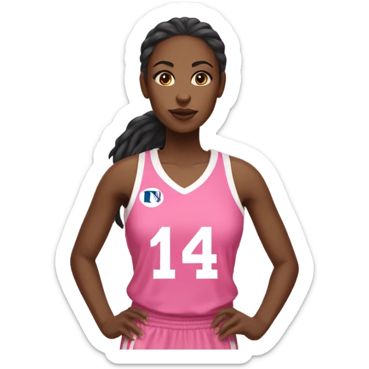 Black women with a white and pink basketball jersey on, wearing number 14 sticker
