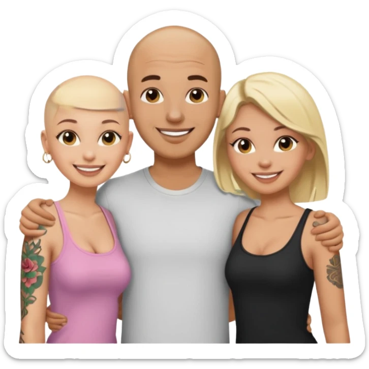 throuple tatted bald boyfriend with blonde girl friend and brunette girlfriend sticker