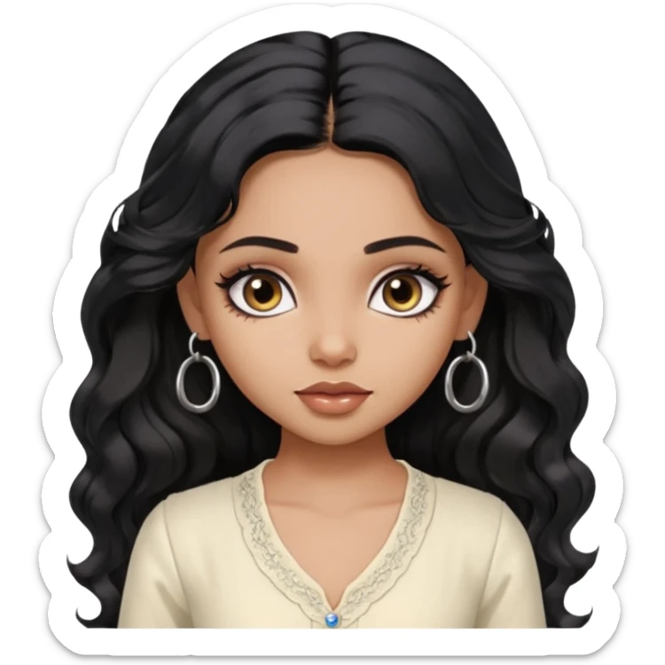 a pretty bratz dusky girl with long wavy black hair, kajal under eyes, small silver hoop. ivory coloured kurti sticker