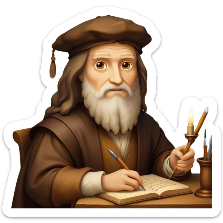 Cinematic Realistic Leonardo da Vinci Portrait Emoji, depicted as the quintessential Renaissance polymath with deep, thoughtful eyes, a flowing beard, and a quill or sketchbook in hand. The scene is illuminated with warm, classical lighting, evoking the atmosphere of a master artist’s workshop, surrounded by early sketches of inventions and masterpieces like the Mona Lisa. sticker