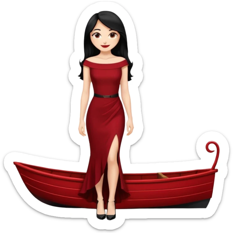 Chica blanca ,ojos marrones, vestido granate muy largo sexy escote barco,  cuerpo entero pelo negro y largo zapatos negros tacon sticker