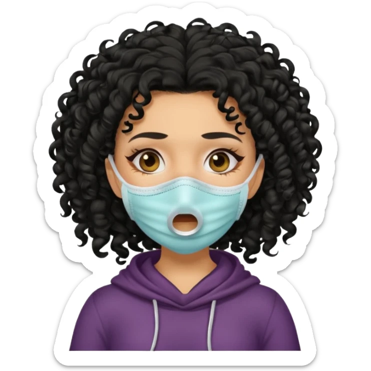 a pretty tan bratz girl with black curly hair. no makeup, looking sick, wearing a mask, coughing sticker
