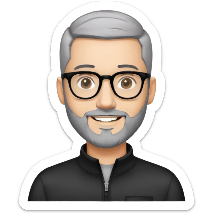 Man with light skin, black hair in near-buzz cut style (very minimal length), short peppered gray beard, large black-framed glasses, smiling face, black zip-neck long sleeve shirt sticker
