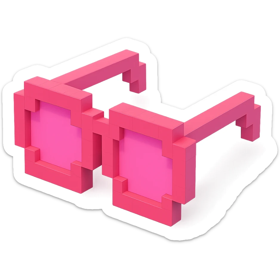 Voxel-style pink glasses with pink lenses, no background, following the silhouette from the reference image, with a different design. sticker