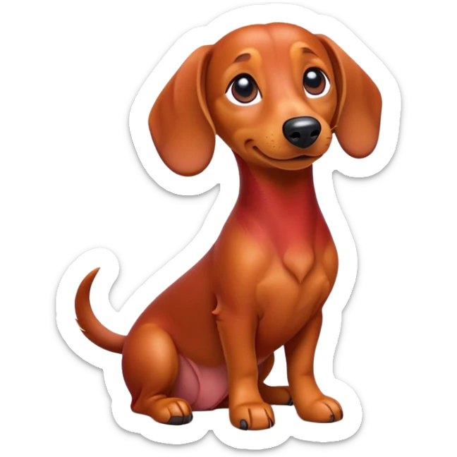 cinematic-[dachshund dog]-realistic-full-body-sitting-emoji,-tail-resting-loosely-beside-its-paws,-head-tilted-dramatically,-sleek-[red]-fur,-simplified-yet-realistic-focused-features,-highly-detailed,-glowing-with-an-almost-sarcastic-glow sticker