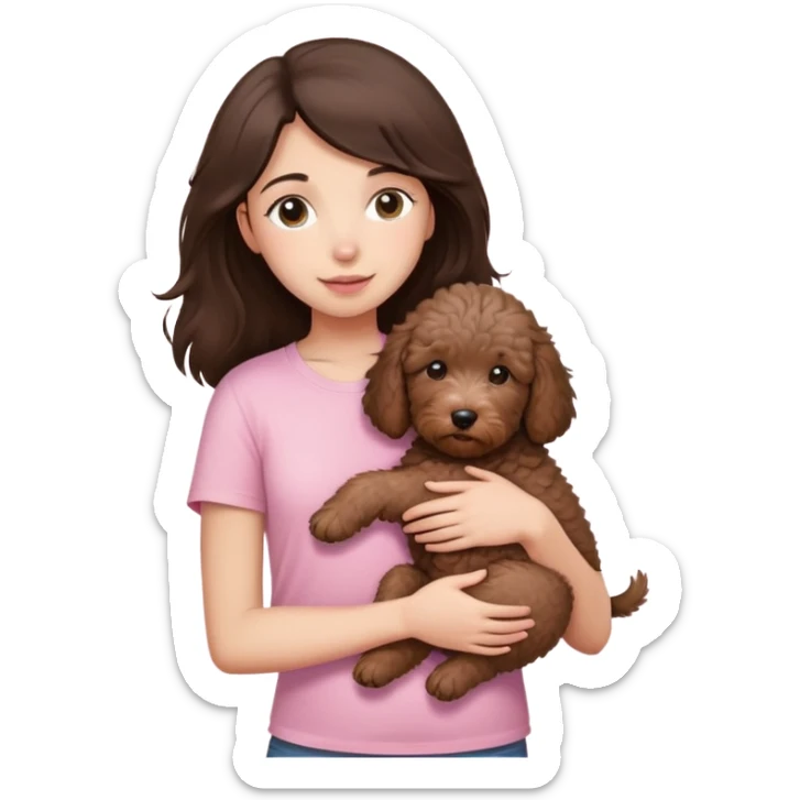 One girl with medium long dark brown hair dressing baby pink T-shirt, hugging One little brown coated labradoodle. sticker