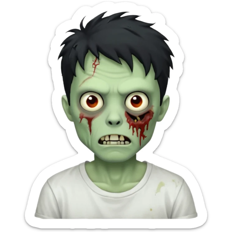 Rosto de frente classico de zombie boca meio torta cabelos medios pretos bagunçados low fade com pele verde clara camiseta branca sticker