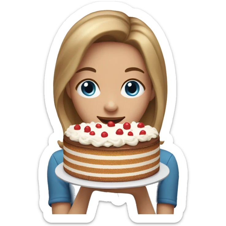 girl with brown hair with blond highlights and blue eyes eating cake  sticker