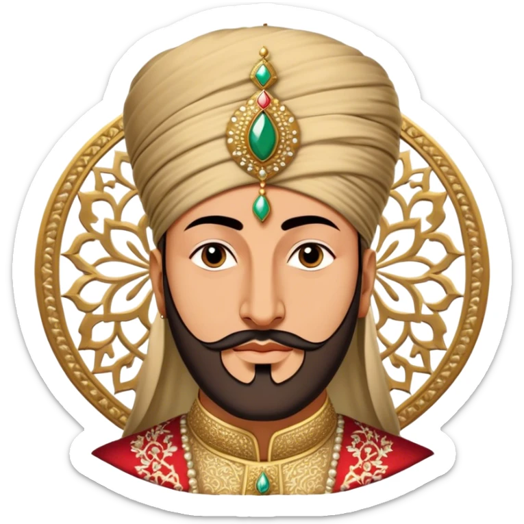 Suleiman the Magnificent – Cinematic Realistic Portrait of Suleiman the Magnificent, depicted as a regal Ottoman sultan in luxurious traditional attire with intricate patterns and a golden turban, his commanding gaze illuminated by warm, historic lighting, exuding majestic authority and timeless grandeur. sticker