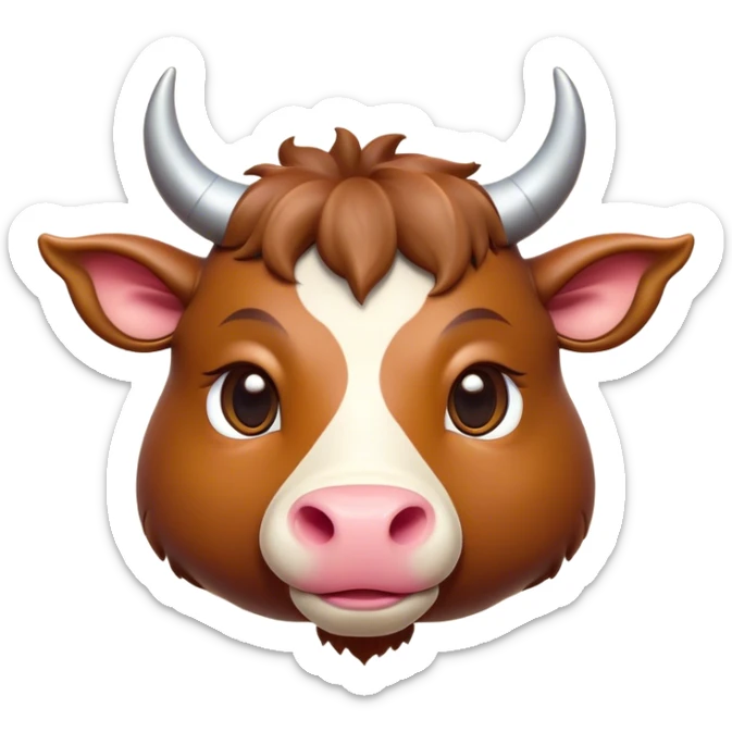 Cinematic Cute Domestic Ox Portrait Emoji, Head tilted playfully and inquisitively, with a robust, compact build and a polished hide adorned with subtle natural patterns, round, sparkling eyes full of gentle curiosity, Simplified yet irresistibly adorable features, highly detailed, glowing with a warm, friendly glow, high shine, affectionate and grounded, stylized with a touch of rustic charm, soft glowing outline, capturing the essence of a mischievous yet loving ox that feels like it could amble out of the screen into your arms! sticker