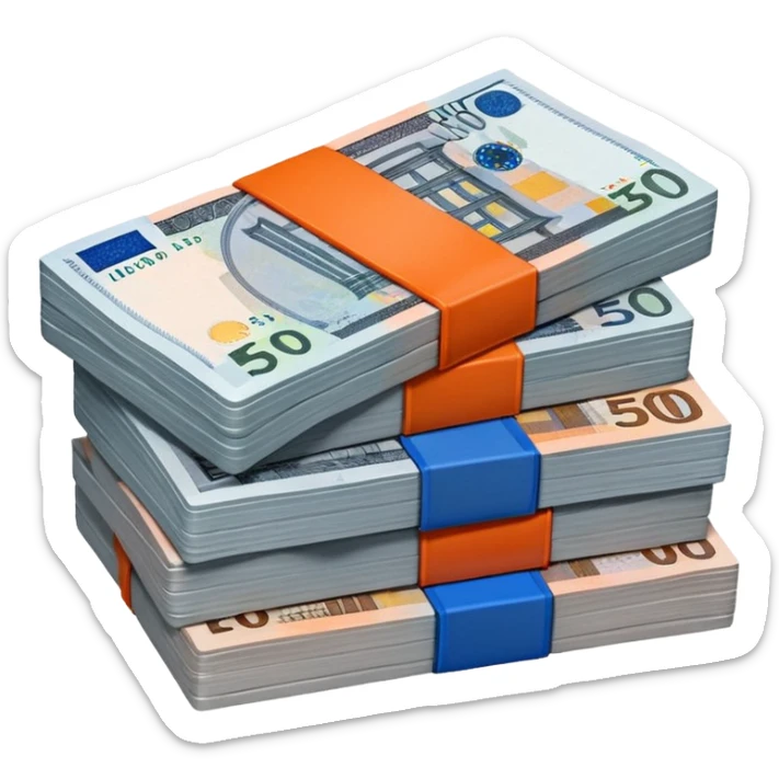 neatly stacked banknotes in 5 euro (grey), 10 euro, (red), 20 euro (blue), and 50 euro (orange) arranged in a visible layered pile. sticker