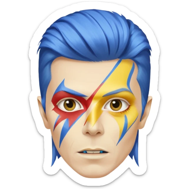 A male rockstar wearing Ebay brand colours and David Bowie face paint sticker