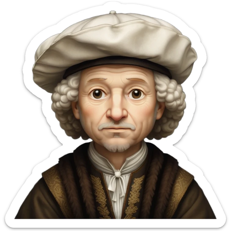 emoji of rembrandt,-shown-as-a-master-artist-with-deep,-introspective-eyes-and-richly-detailed-period-clothing,-rendered-with-dramatic-chiaroscuro-lighting-that-emphasizes-his-legacy white puffy hat sticker