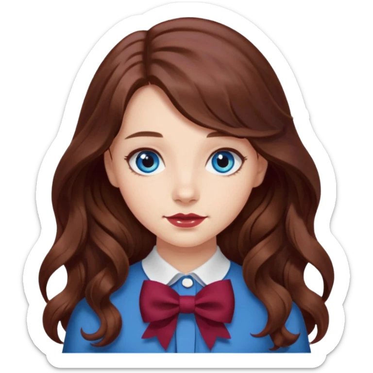 girl wavy long hair brown hair with a burgundy bow sticker