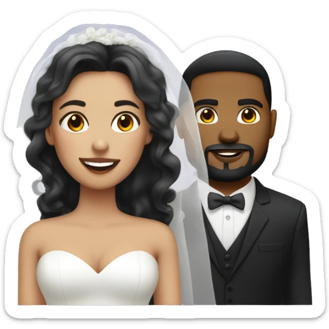 Thick bride with long hair and tan groom with goatee and white suit and black hair sticker