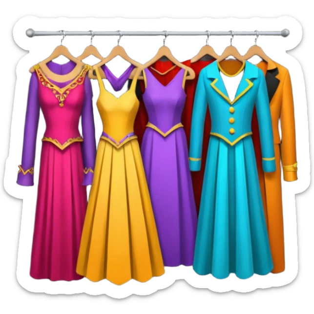 create a series of images for Theatre costumes Inventory showing a rack of costumes ready for performance sticker