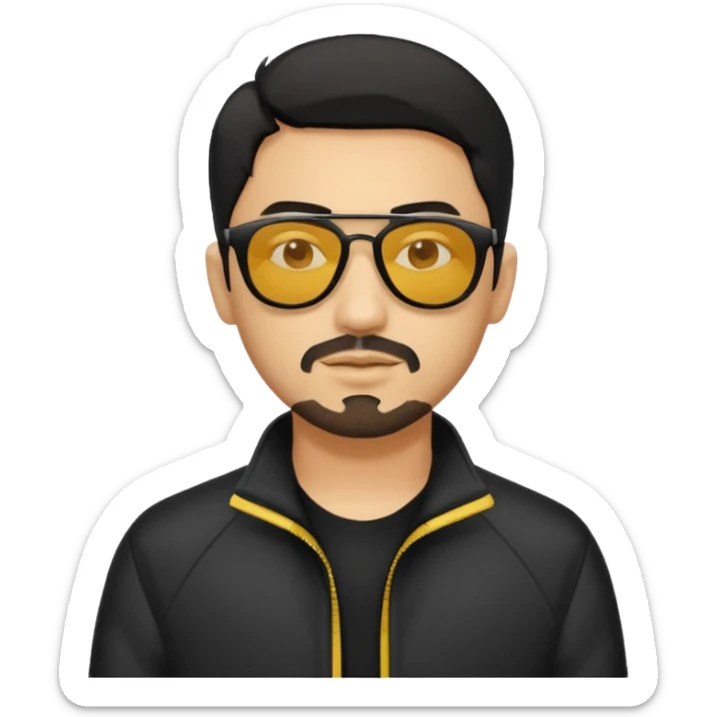 A man with middle part black hair sunglasses with yellowish glasses And black jacket. Goatee short black beard sticker