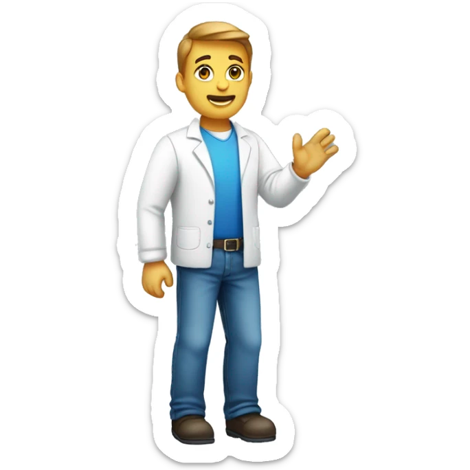 a male pharma employee, full body. waving with his right hand. Dressed with a round collar, white tshirt and blue jeans sticker