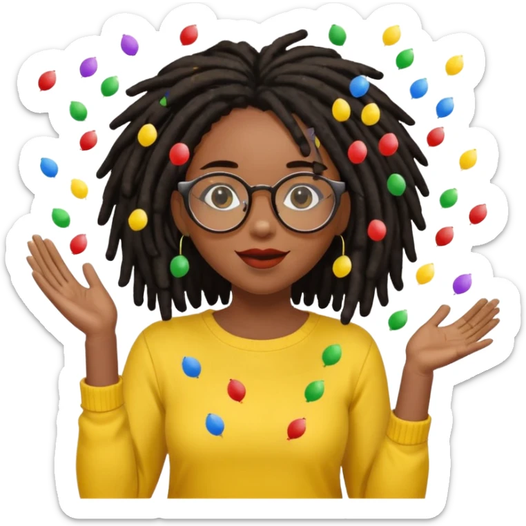 Black female with dark dreadlock hair wearing large round glasses and a yellow top celebrating with confetti sticker