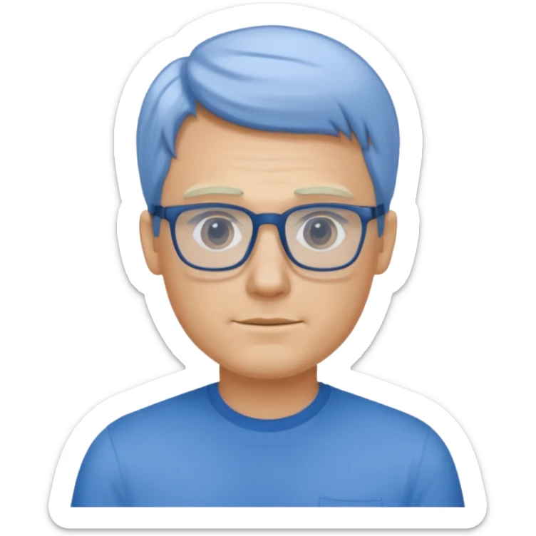 portrait of US man, wearing a blue shirt, square glasses, blonde hair sticker