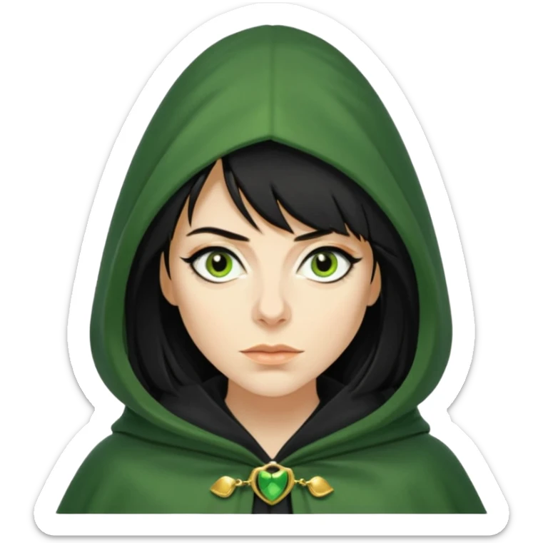claudia winkleman as a traitor with a green hooded cloak with a gold clasp and dark strong black eyeliner sticker