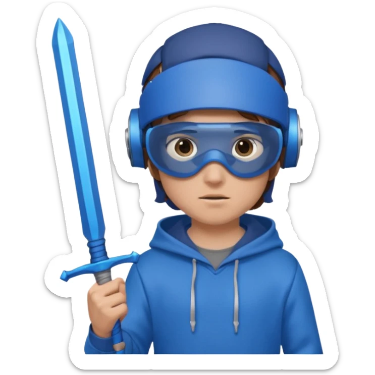 a boy with brown hair, a blue vr headset. a blue hoodie and a blue sword and remove the cap sticker