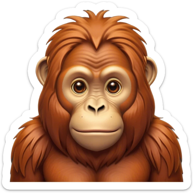 Cinematic Noble Orangutan Portrait Emoji, Poised and regal, with a robust, thoughtful build and deep, soulful eyes framed by rich, textured fur, Simplified yet sharp and sophisticated features, highly detailed, glowing with a soft, earthy glow, high shine, intelligent and contemplative, stylized with an air of ancient wisdom, focused and commanding, soft glowing outline, capturing the essence of a watchful and confident guardian that appears ready to step out of the screen with timeless authority! sticker