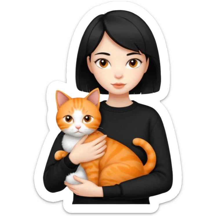 A beautiful girl with short black hair in a black sweater holds a orange cat in her arms sticker
