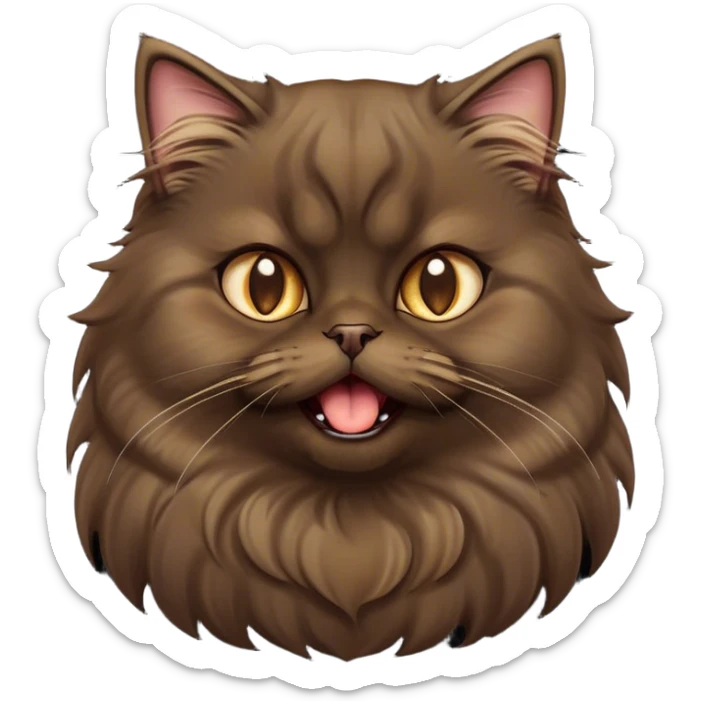 Cinematic Adorable Big-Eyed Fluffy Dark Brown Persian Cat Portrait Emoji, Head tilted playfully with a cute, exaggerated yawn, fluffy dark brown fur with rich caramel and gold undertones, Simplified yet irresistibly cute features with large, expressive eyes, highly detailed, glowing with a warm and gentle glow, high shine, a mix of affectionate and sleepy, stylized with a touch of whimsy, bright and full of charm, soft glowing outline, capturing the essence of a fluffy, loving kitty yawning in the most adorable way, so endearing it feels like it could leap out of the screen and stretch out for a cuddle! sticker