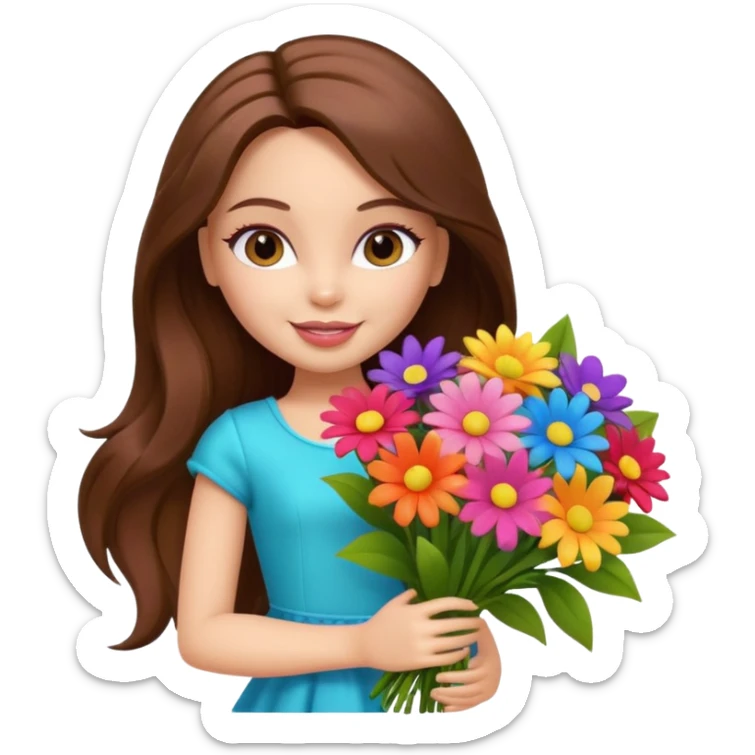  pretty bratz doll, long brown hair holding big bouquet of flowers posing sticker