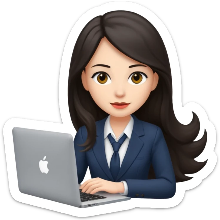 Sales women specialist in shipping with dark long hair with suits and MacBook  sticker