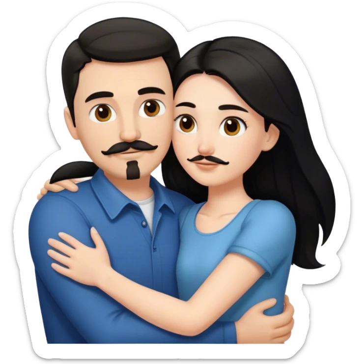 a white girl with long black hair, hugging a white guy with short brown hair goatee mustache sticker