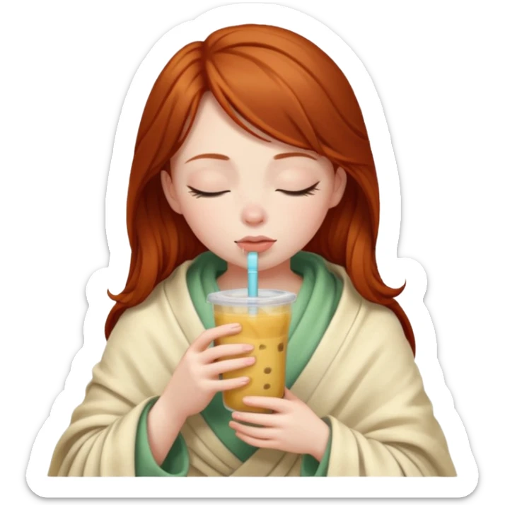 dark ginger haired girl with pale skin, wrapped in a blanket, sipping boba, eyes closed sticker