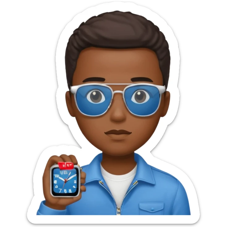 Un garçon noir avec des lunettes de soleil un peu bleu avec un cadran plutôt carré et SANS QU’ON VOIT SES YEUX. Et au dessus de sa tête il y a écrit BOUSS sticker