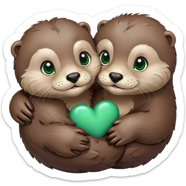 Otter with green eyes and an otter with brown eyes hugging with a heart  sticker