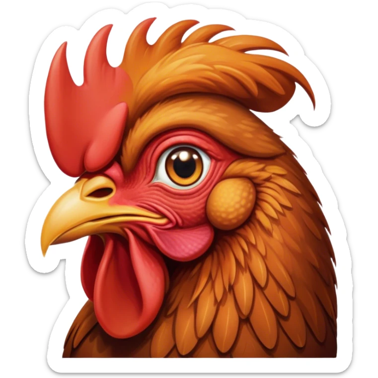 Cinematic Noble Brown Rooster Portrait Emoji, Poised and regal, with a robust, commanding build and a rich, well-groomed brown plumage, deep-set soulful warm eyes, Simplified yet sharp and sophisticated features, highly detailed, glowing with a soft, dignified glow, high shine, intelligent and proud, stylized with an air of rustic majesty, focused and attentive, soft glowing outline, capturing the essence of a watchful and confident leader, so majestic it feels as though it could crow out of the screen with effortless authority! sticker
