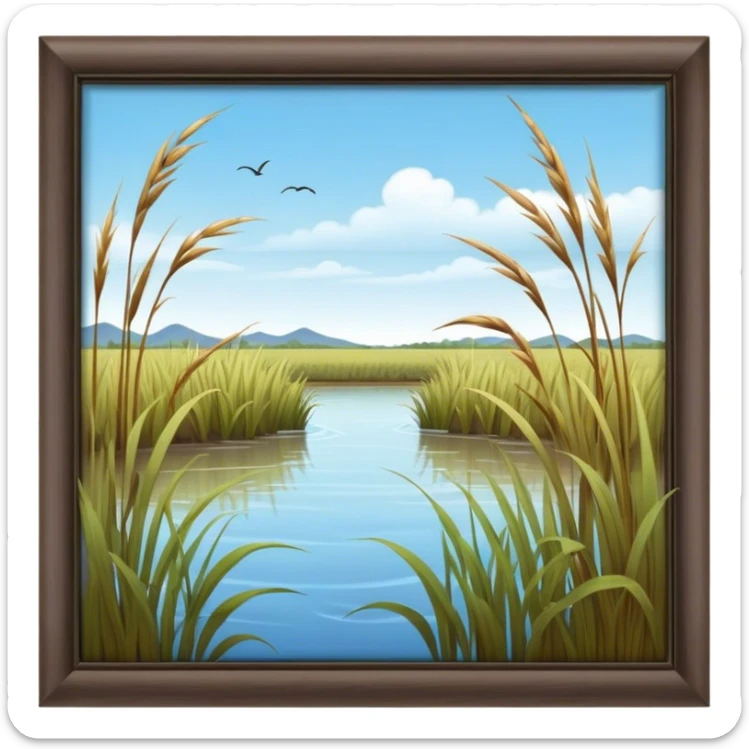 Cinematic Realistic Wetlands Emoji in a wooden frame, Peaceful and serene, with tall grasses swaying in the breeze and soft, muddy waters reflecting the sky above. Small birds and insects flit among the reeds while lily pads float lazily across the surface, punctuated by the occasional croak of a frog or splash of a fish. Soft glowing outline, capturing the essence of a calm, tranquil wetland brimming with life and natural beauty. sticker