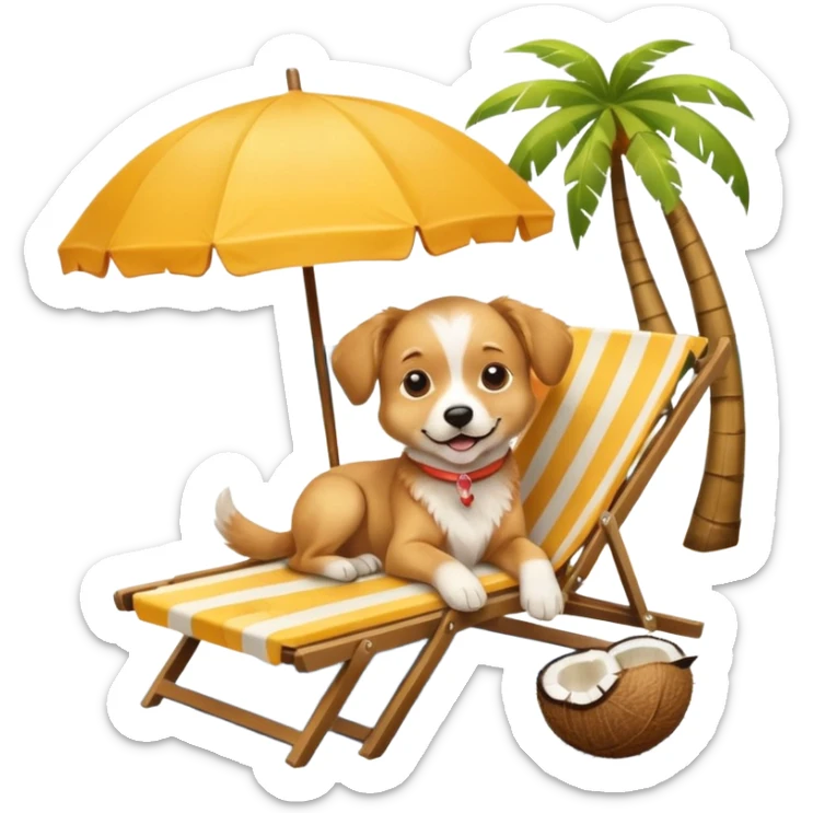 a dog laied on a beach chair, a sunny beach, a sun umbrella, and beach coconut trees. the icon should capture the essence of a relaxing beach vacation with a carefree atmosphere sticker