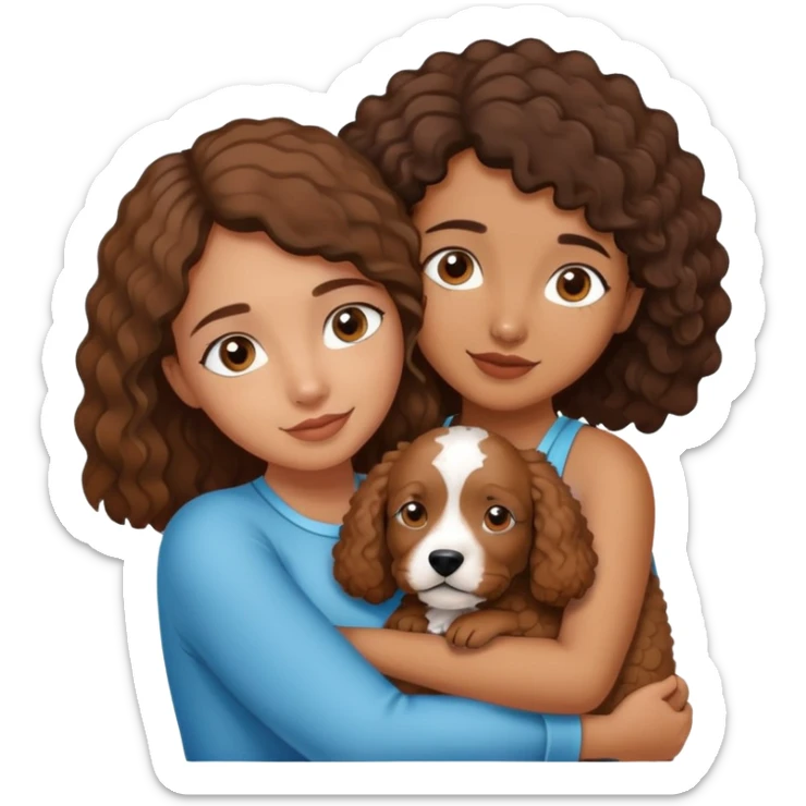 A brown girl with blue eyes hugging her little Brown Spanish water dog  sticker