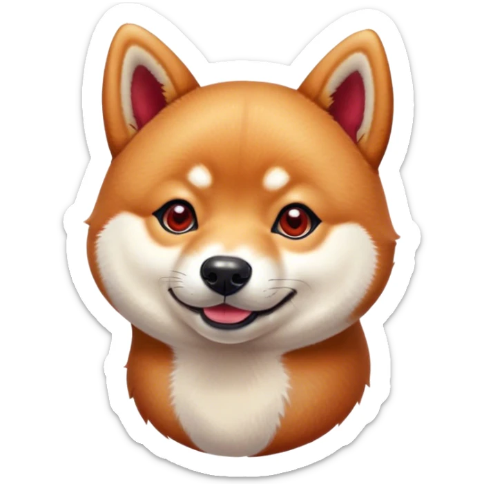 Cinematic Cute Shiba Inu Portrait Emoji, Head tilted playfully and inquisitively, featuring a rich red fur with a creamy underbelly and perky ears, round, sparkling brown eyes filled with curiosity, Simplified yet irresistibly adorable features, highly detailed, glowing with a warm, friendly glow, high shine, affectionate and lively, stylized with a touch of whimsy, bright and endearing, soft glowing outline, capturing the essence of a mischievous yet loving pup, so playful it feels like it could leap out of the screen and into your arms! sticker