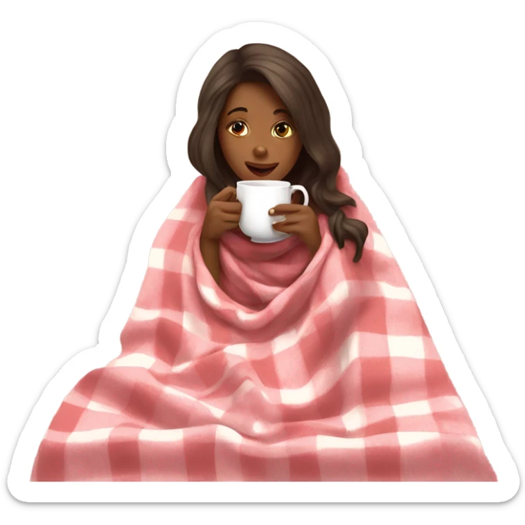 A blonde girl covered in a plaid light pink blanket sipping hot tea sticker