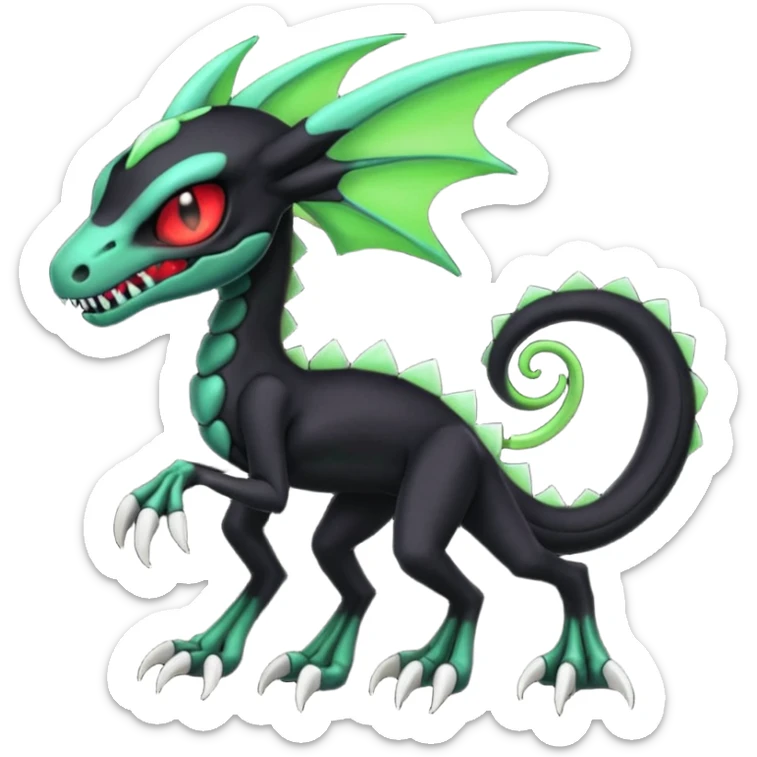 Obsidian-black and neon-glowing-green skeletal Meloetta-Salandit-Gorebyss-Salazzle-Pokémon-Fakémon-creature-fusion-hybrid with glowing crimson-red evil slit eyes sticker