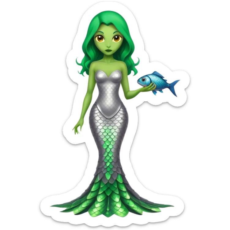 Green Alien woman with fish scales in silver dress, full figure, yellow eyes sticker