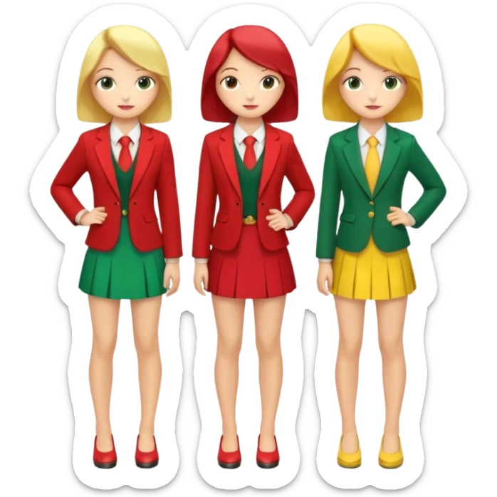 One high school girl in a red blazer and a red skirt, another in a green blazer and a green skirt, and another in a yellow blazer and a yellow skirt. They are all facing to the back and posing. sticker