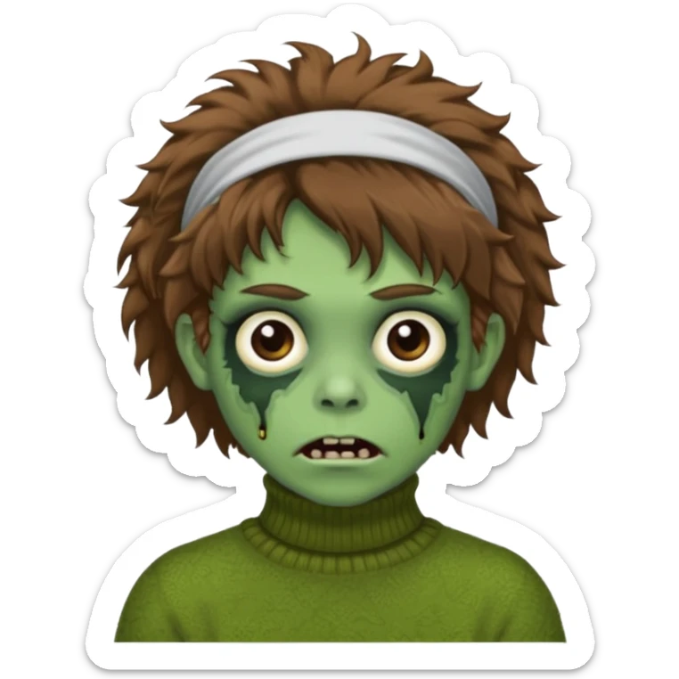 brown fluffy haired green zombie with turtleneck sweater and hair band sticker