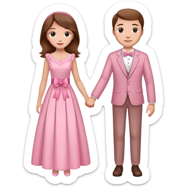 Elegant girl with a beautiful flowy dress delicate pink bow, brown hair and man together in Montenegro holding hands elegant  sticker